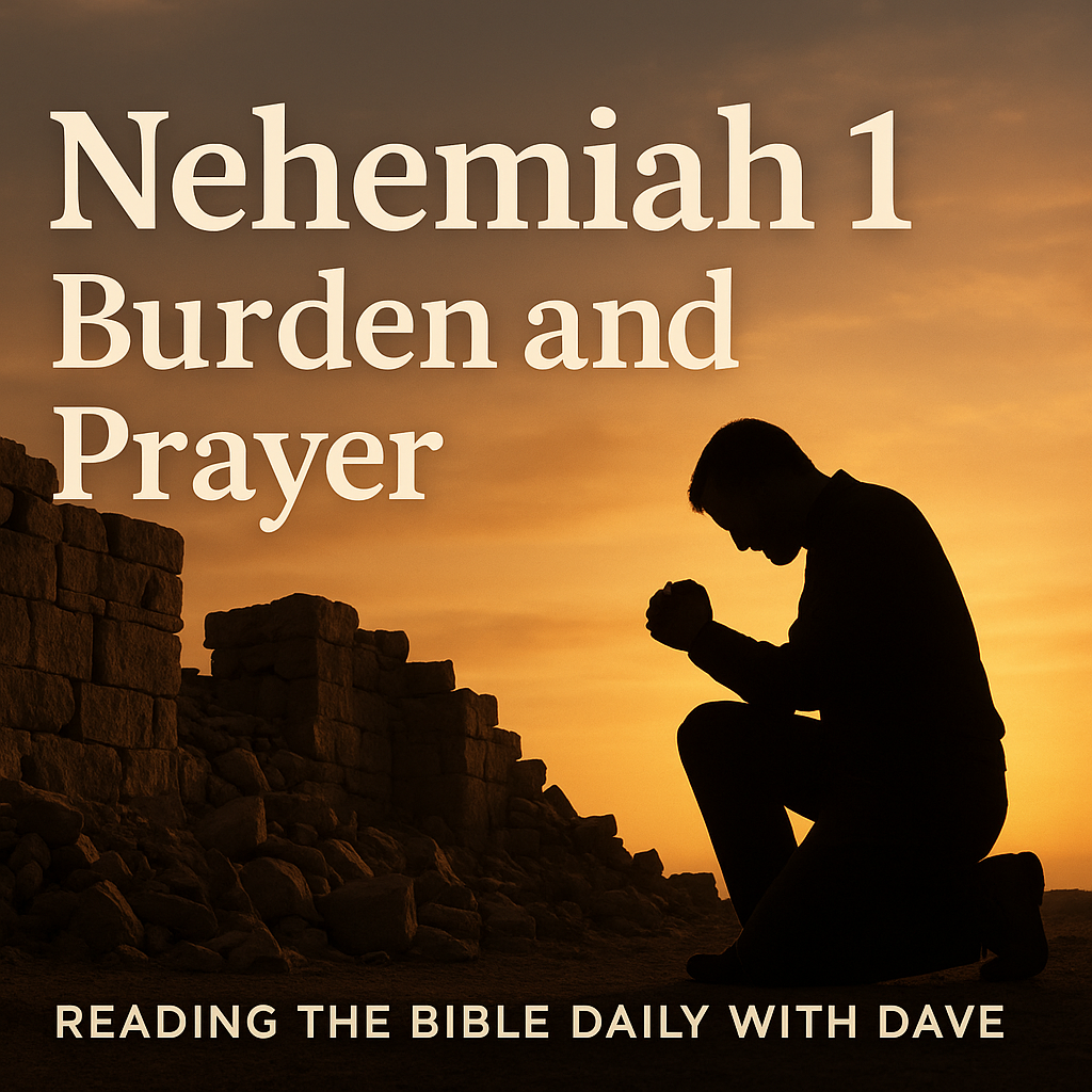 Thumbnail showing a praying figure before a broken stone wall with sunrise light, text reading Nehemiah 1, Burden and Prayer.