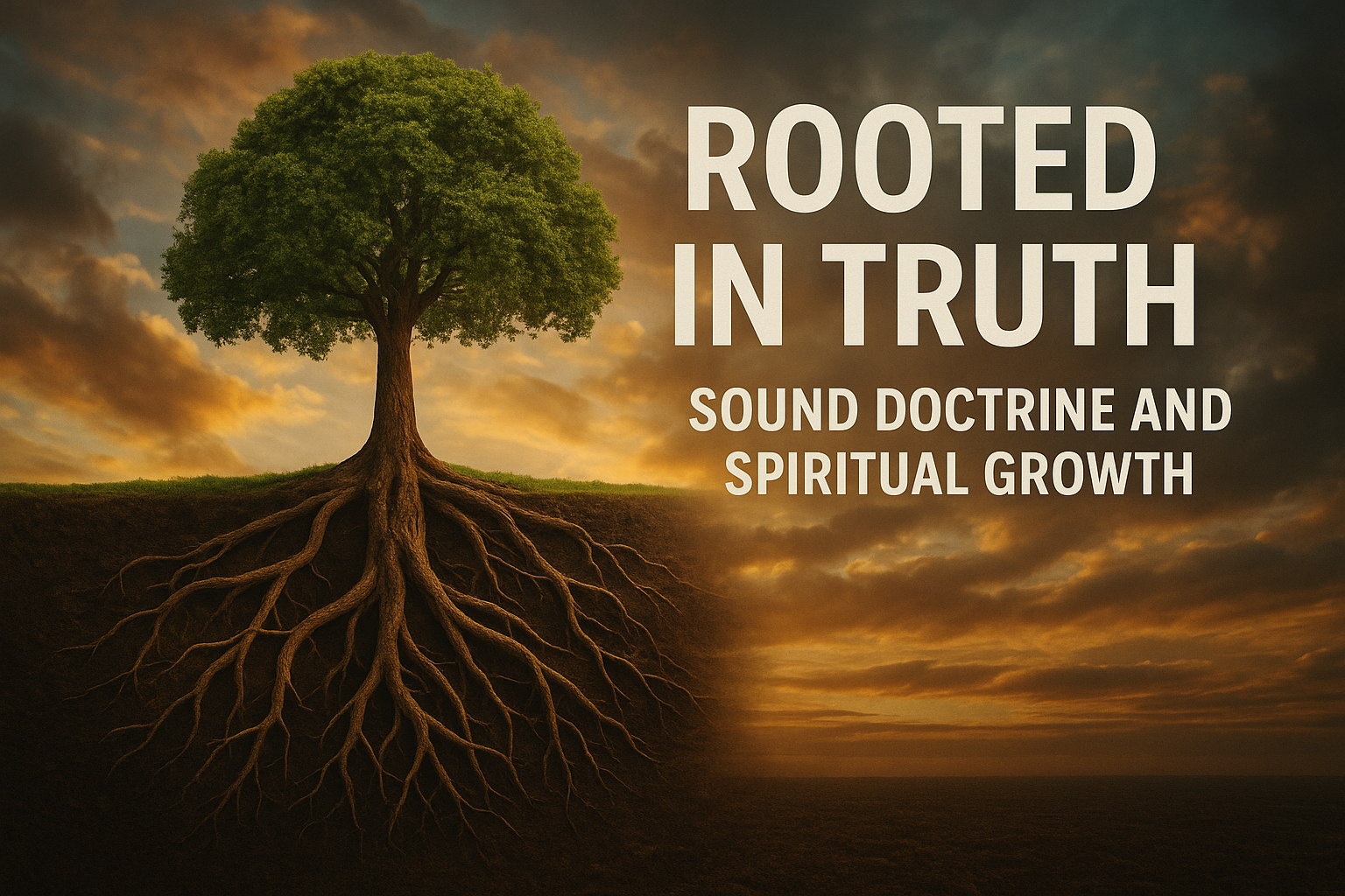 A tree with deep visible roots against a dramatic sky background with text reading ‘Rooted in Truth, Sound Doctrine and Spiritual Growth.