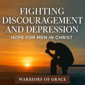 A thumbnail of a man sitting in reflection at sunrise with light breaking through the horizon, with text reading ‘Fighting Discouragement and Depression, Hope for Men in Christ’ and the Warriors of Grace brand bar.