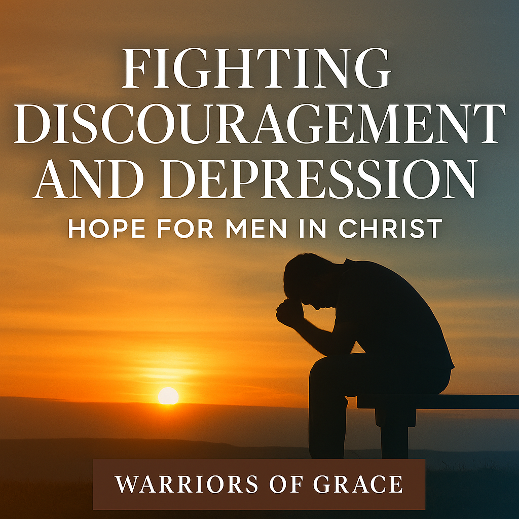 A thumbnail of a man sitting in reflection at sunrise with light breaking through the horizon, with text reading ‘Fighting Discouragement and Depression, Hope for Men in Christ’ and the Warriors of Grace brand bar.