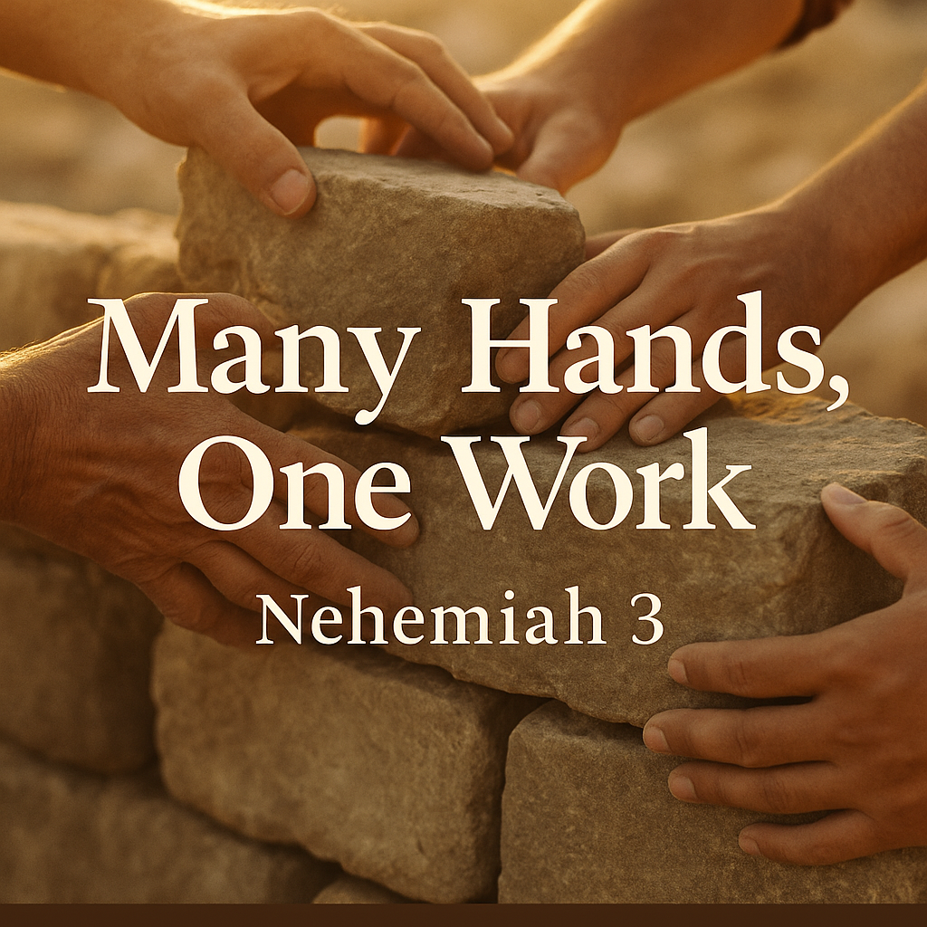 Many Hands, One Work, A Christ-Centered Look at Nehemiah 3 1 Thumbnail showing multiple hands working together to place stones into a wall, lit by warm golden sunlight, with overlay text reading ‘Many Hands, One Work, Nehemiah 3’ and the Reading the Bible Daily with Dave brand bar.