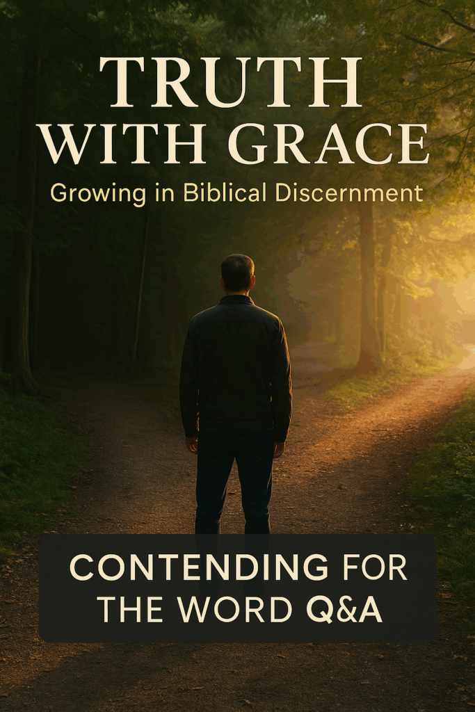 Growing in Discernment with a Christlike Heart 3 A thumbnail showing a man standing at a fork in a forest trail, with one path in shadow and the other lit by warm sunlight, with the text ‘Truth with Grace, Growing in Biblical Discernment’ and a brand bar labeled Contending for the Word Q&A.