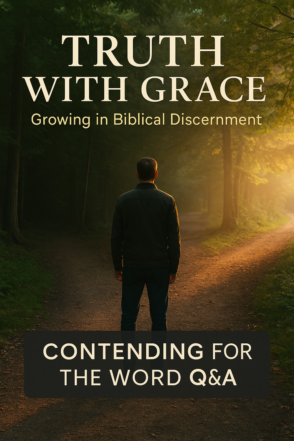 A thumbnail showing a man standing at a fork in a forest trail, with one path in shadow and the other lit by warm sunlight, with the text ‘Truth with Grace, Growing in Biblical Discernment’ and a brand bar labeled Contending for the Word Q&A.