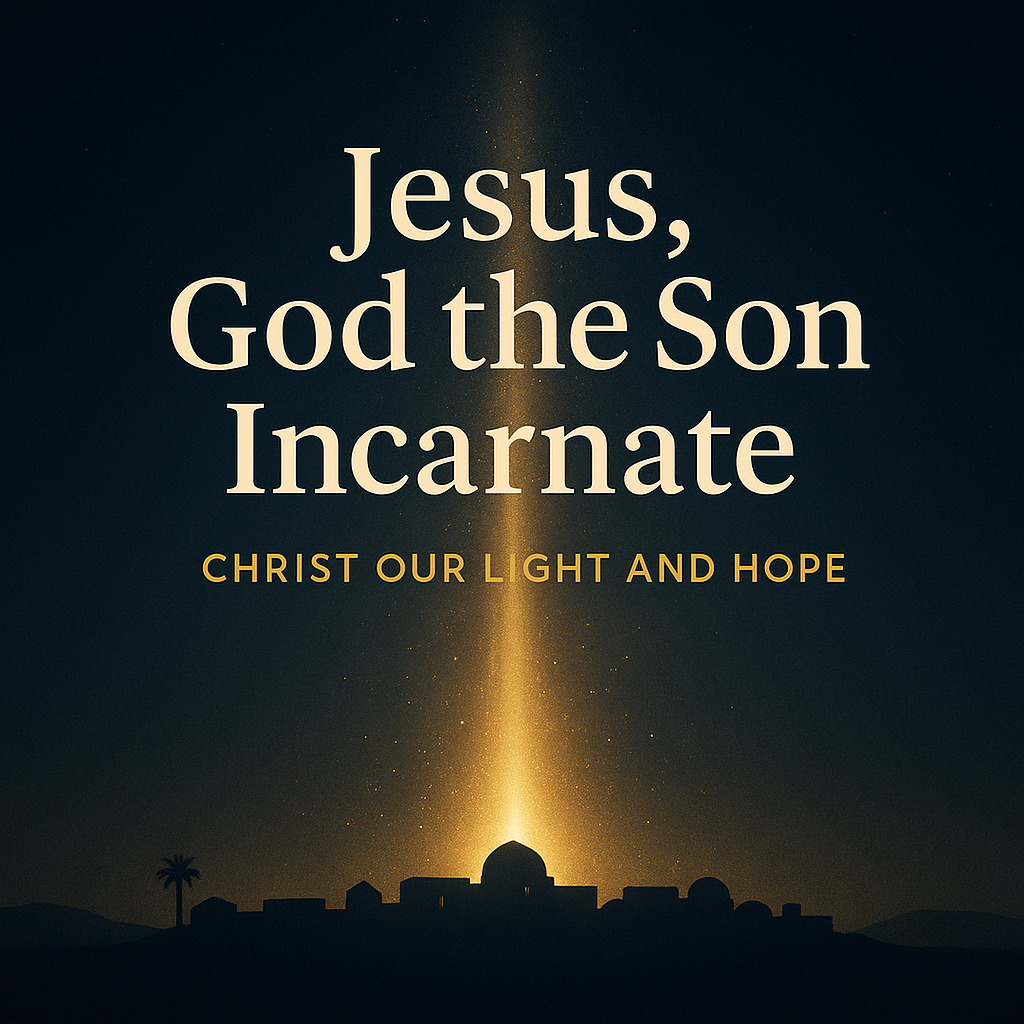 A nighttime Bethlehem skyline with a golden beam of light rising into the starry sky, featuring the title ‘Jesus, God the Son Incarnate’ and the subtitle ‘Christ Our Light and Hope’ in warm serif lettering.