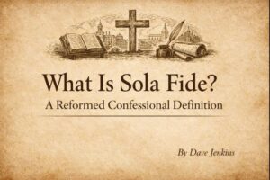 Parchment-style theological graphic with an open Bible, cross, quill, and cityscape illustration above the title ‘What Is Sola Fide? A Reformed Confessional Definition,’ with the author credit ‘By Dave Jenkins’ in the lower corner.