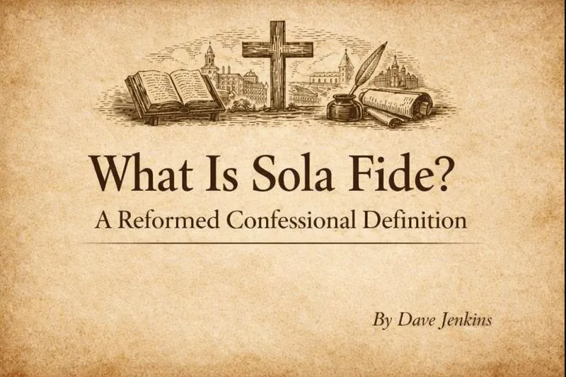 Parchment-style theological graphic with an open Bible, cross, quill, and cityscape illustration above the title ‘What Is Sola Fide? A Reformed Confessional Definition,’ with the author credit ‘By Dave Jenkins’ in the lower corner.