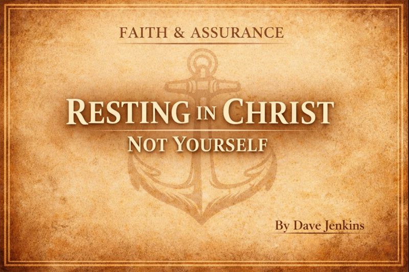 Warm parchment-style theological graphic with the heading ‘Faith & Assurance,’ the central title ‘Resting in Christ, Not Yourself,’ a faint anchor symbol in the background, and the author credit ‘By Dave Jenkins’ in the lower corner.