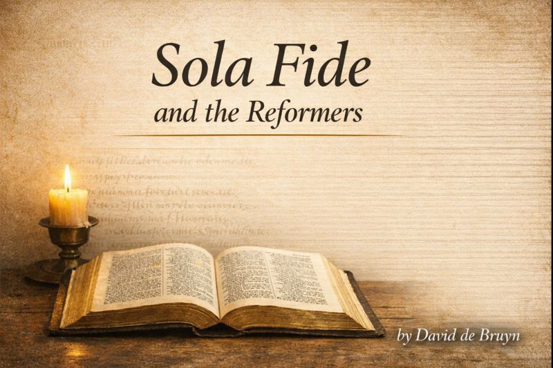 Parchment-style theological graphic with an open Bible and lit candle on a wooden table beneath the title ‘Sola Fide and the Reformers,’ with the author credit ‘by David de Bruyn’ in the lower corner.