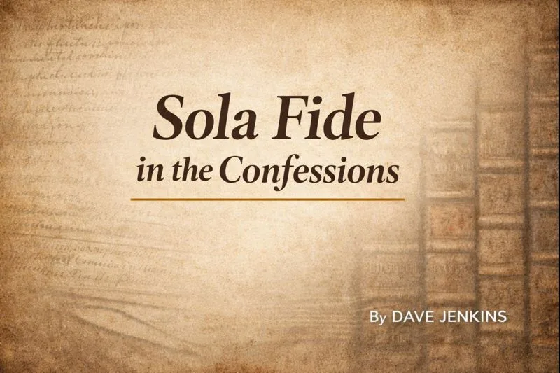 Parchment-style theological graphic with the title ‘Sola Fide in the Confessions’ over a textured background featuring faint manuscript writing and stacked books, with the author credit ‘By Dave Jenkins’ in the lower corner.