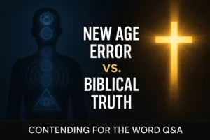 Thumbnail showing a dark silhouette with New Age symbols fading on the left, contrasted with a bright glowing golden cross on the right, with bold text reading ‘New Age Error vs. Biblical Truth’ and a label ‘Contending for the Word Q&A’ at the bottom.