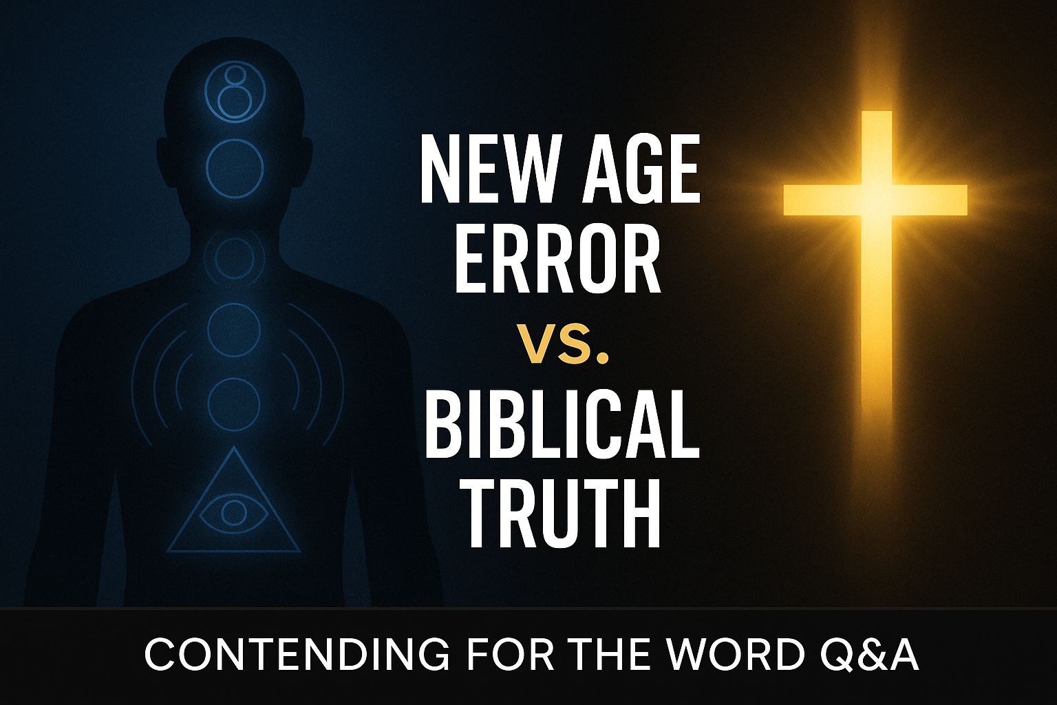 Thumbnail showing a dark silhouette with New Age symbols fading on the left, contrasted with a bright glowing golden cross on the right, with bold text reading ‘New Age Error vs. Biblical Truth’ and a label ‘Contending for the Word Q&A’ at the bottom.
