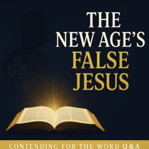 Dark navy Christian podcast thumbnail showing an open Bible glowing with golden light. On the left is a fading silhouette with New Age crystal and aura symbols. Bold white and gold text reads ‘The New Age’s False Jesus,’ with a gold brand bar at the bottom that says ‘Contending for the Word Q&A.