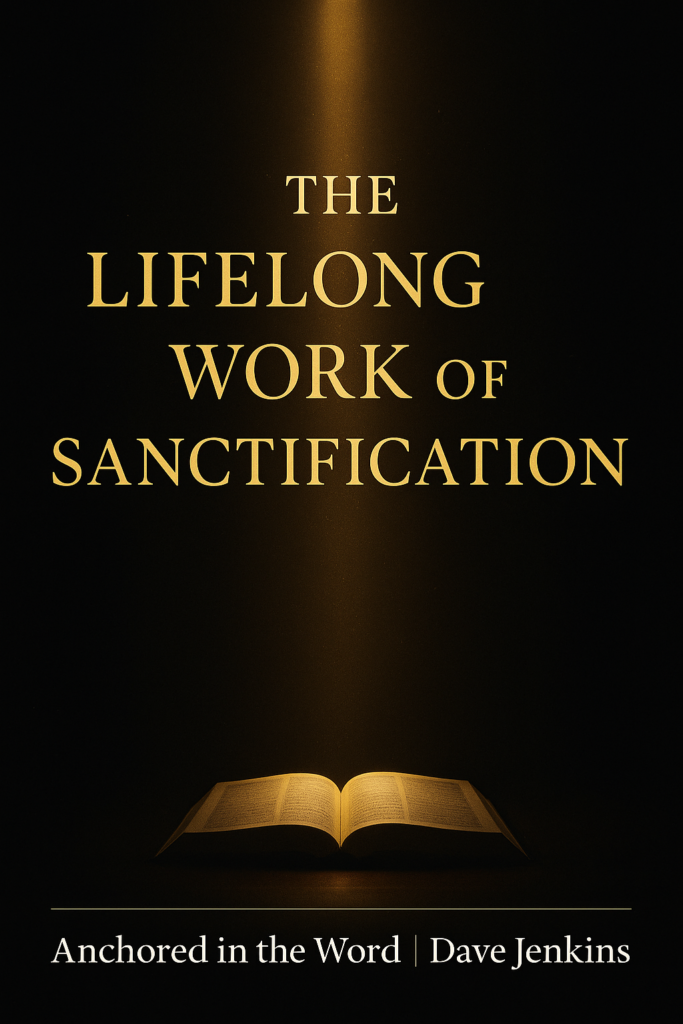 An open Bible illuminated by a vertical beam of warm golden light against a dark charcoal background, with the title ‘The Lifelong Work of Sanctification’ in gold serif text above and ‘Anchored in the Word | Dave Jenkins’ in white text below, symbolizing the refining work of sanctification.