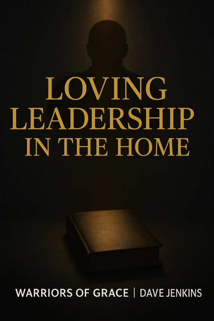 A dark charcoal background with a warm golden beam shining onto a Bible, with a subtle masculine silhouette behind it, and gold text reading ‘Loving Leadership in the Home.