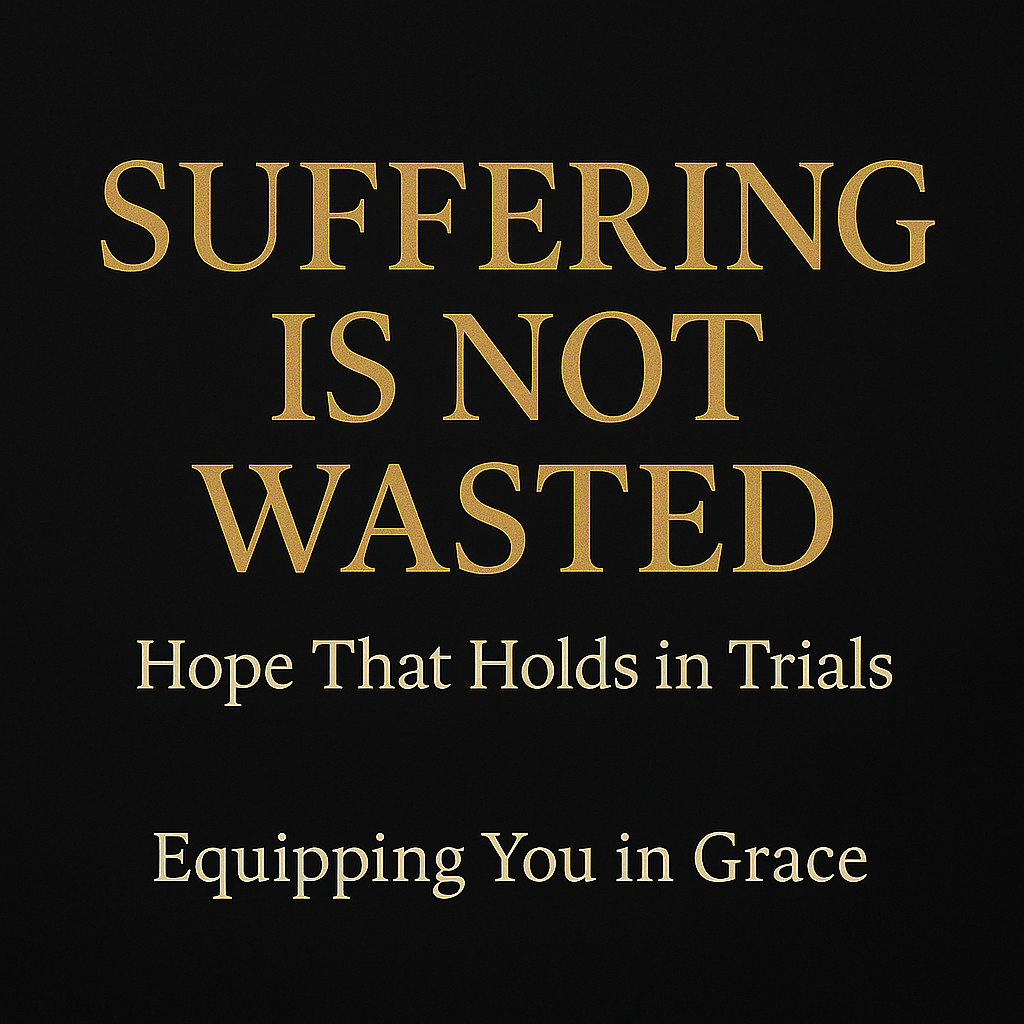 Thumbnail for Equipping You in Grace episode titled “Suffering Is Not Wasted,” featuring gold serif text on a dark charcoal background with the subtitle “Hope That Holds in Trials.