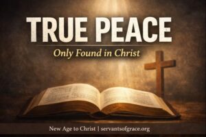 Open Bible glowing with warm light and a wooden cross in the background, representing true peace found only in Jesus Christ, contrasted with counterfeit New Age spirituality.