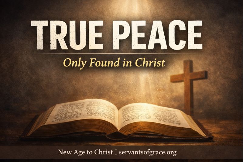 Open Bible glowing with warm light and a wooden cross in the background, representing true peace found only in Jesus Christ, contrasted with counterfeit New Age spirituality.