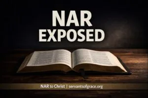 Open Bible on a dark wooden table with the words “NAR Exposed,” symbolizing biblical discernment and exposing the New Apostolic Reformation.