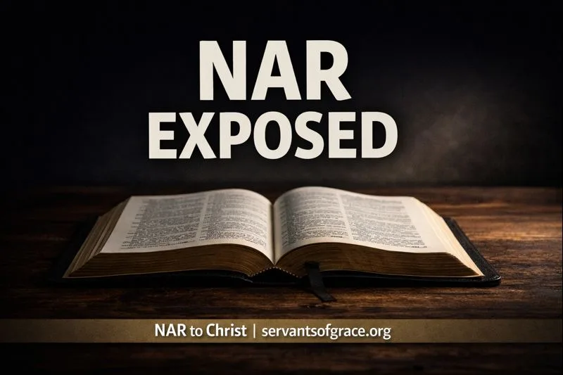 Open Bible on a dark wooden table with the words “NAR Exposed,” symbolizing biblical discernment and exposing the New Apostolic Reformation.