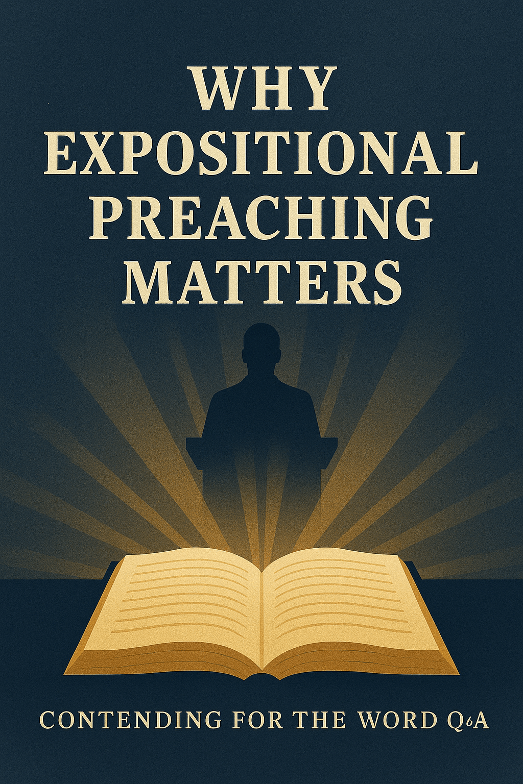 Open Bible with golden light shining upward, a preacher’s silhouette at a pulpit in the background, and the title ‘Why Expositional Preaching Matters.