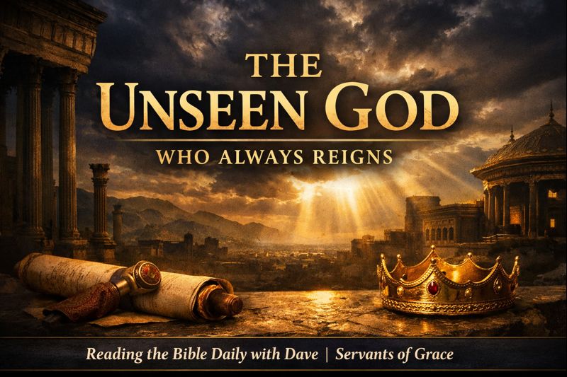 The Unseen God Who Always Reigns, An Overview and Conclusion of Esther 1 Cinematic ancient Persian city at dusk with light breaking through dark clouds, a scroll and crown in the foreground, symbolizing God’s unseen providence and sovereign reign in the book of Esther.