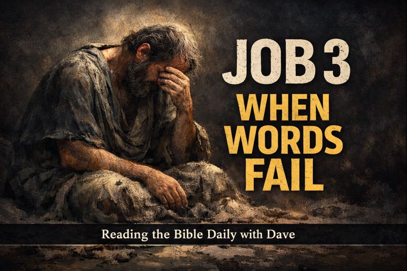 Job 3 Bible study thumbnail showing a sorrowful man sitting in ashes with his head bowed, representing Job’s lament and deep suffering, with the text “Job 3 – When Words Fail” and “Reading the Bible Daily with Dave.”
