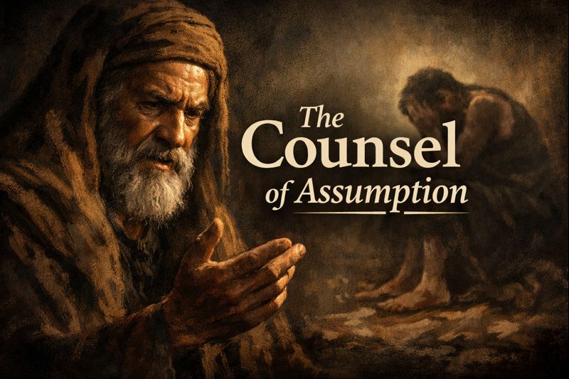 Thumbnail for Reading the Bible Daily with Dave on Job 4 showing a somber, shadowed figure representing Eliphaz with the text “The Counsel of Assumption,” conveying the danger of speaking without compassion in times of suffering.