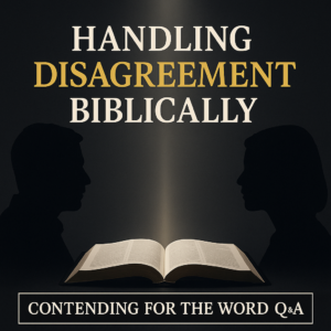 Two dark silhouettes facing each other with a soft vertical light between them above an open Bible, with the title ‘Handling Disagreement Biblically’ and the Contending for the Word Q&A branding on a charcoal background.