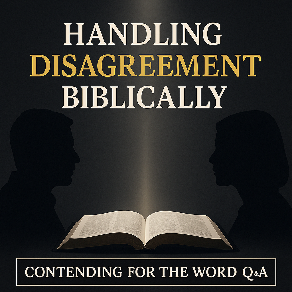 Two dark silhouettes facing each other with a soft vertical light between them above an open Bible, with the title ‘Handling Disagreement Biblically’ and the Contending for the Word Q&A branding on a charcoal background.