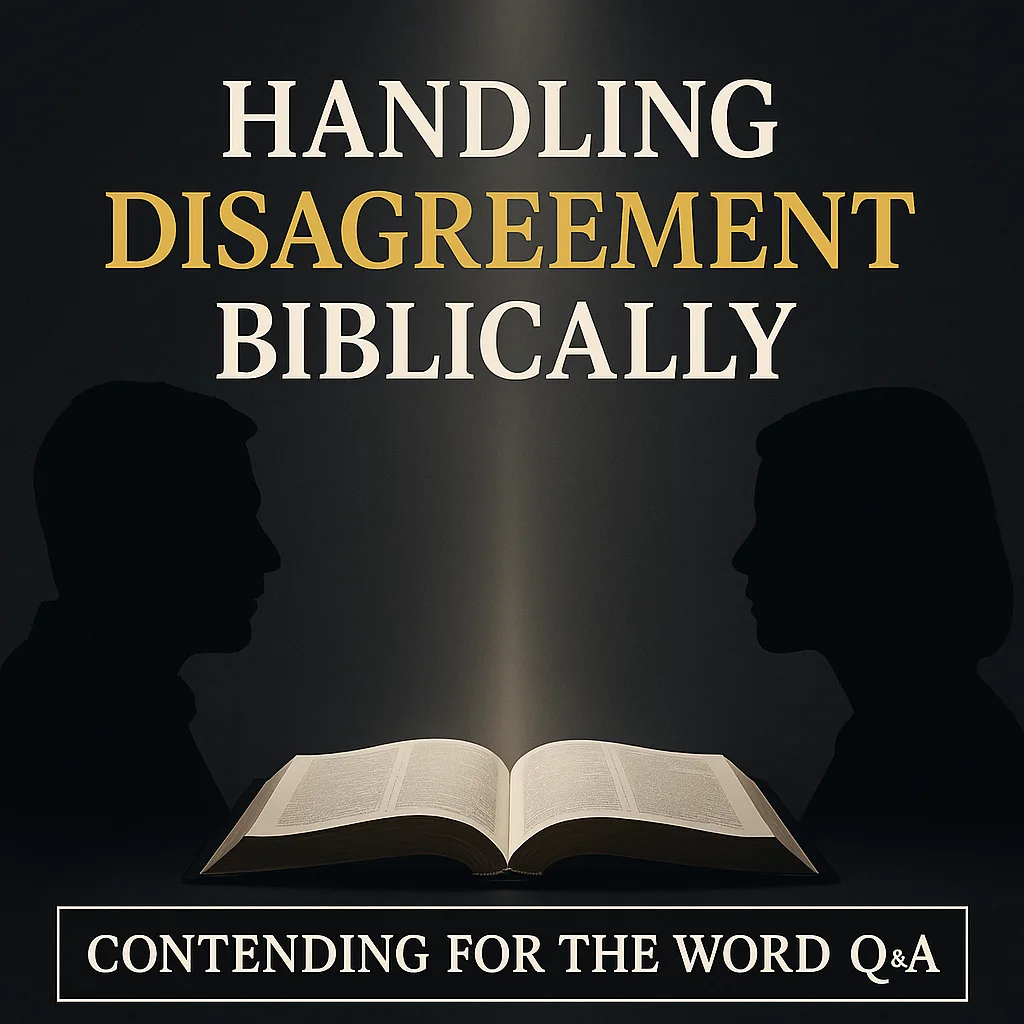 Two dark silhouettes facing each other with a soft vertical light between them above an open Bible, with the title ‘Handling Disagreement Biblically’ and the Contending for the Word Q&A branding on a charcoal background.