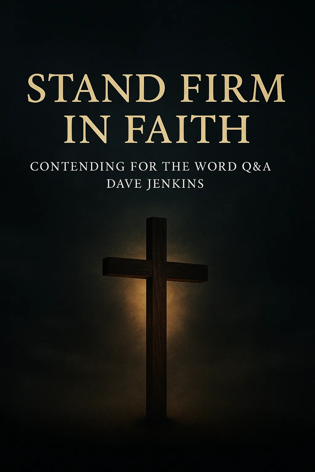 A wooden cross with warm light behind it in a dark storm-like background with gold and white text reading “Stand Firm in Faith — Contending for the Word Q&A with Dave Jenkins.