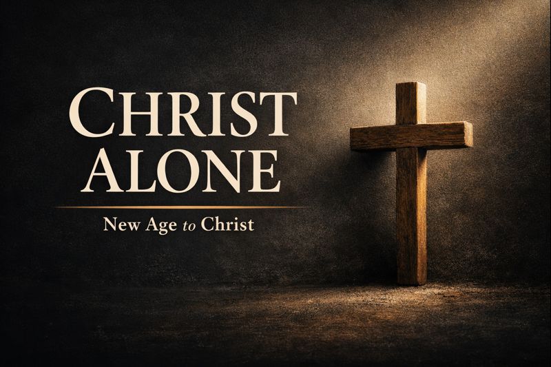 Dark, minimalist Christian thumbnail showing a wooden cross illuminated by light against a charcoal background, with the words ‘Christ Alone’ and the subtitle ‘New Age to Christ.