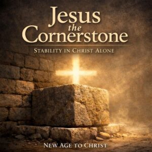 Stone cornerstone illuminated by a cross-shaped light with the words ‘Jesus the Cornerstone – Stability in Christ Alone’ and ‘New Age to Christ,’ symbolizing Christ as the unshakable foundation of faith.