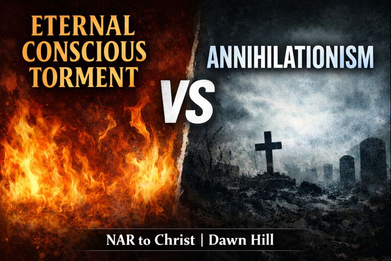 Graphic illustrating the contrast between eternal conscious torment and annihilationism, featuring fire on one side and a graveyard on the other.