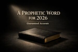 Closed Bible resting on a dark surface illuminated by a single beam of light with the text “A Prophetic Word for 2026 – Guaranteed Accurate
