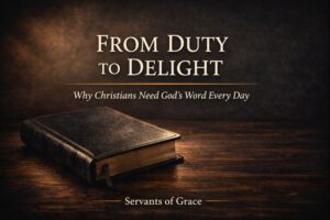 A closed leather-bound Bible resting on a dark wooden table, minimal composition, soft directional light from the upper left, deep charcoal and brown tones, no readable text, no open pages, quiet pastoral mood, Reformed aesthetic, cinematic lighting, shallow depth of field, high realism, no people, no symbols