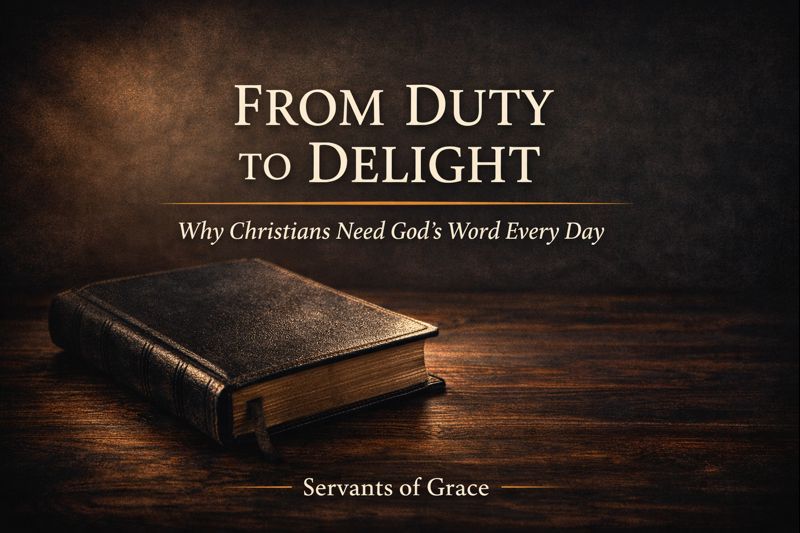 A closed leather-bound Bible resting on a dark wooden table, minimal composition, soft directional light from the upper left, deep charcoal and brown tones, no readable text, no open pages, quiet pastoral mood, Reformed aesthetic, cinematic lighting, shallow depth of field, high realism, no people, no symbols