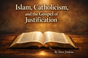 Open Bible on a wooden table under warm light with the title “Islam, Catholicism, and the Gospel of Justification” centered above and “By Dave Jenkins” in the lower right.