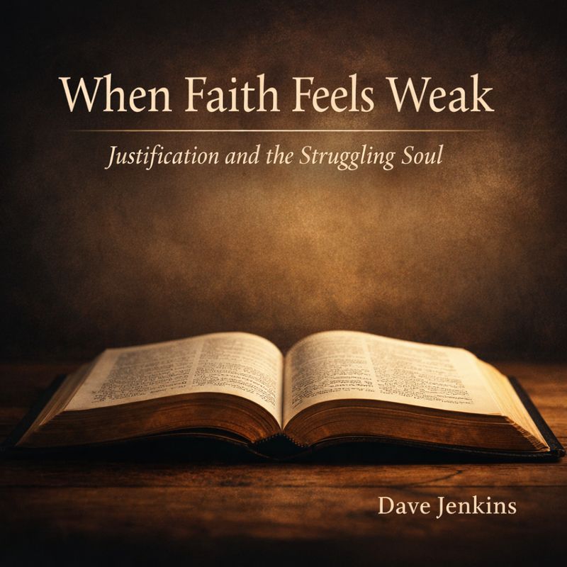 Open Bible resting on a wooden table in soft, warm light with the title “When Faith Feels Weak: Justification and the Struggling Soul” displayed above, conveying assurance and rest in Christ.