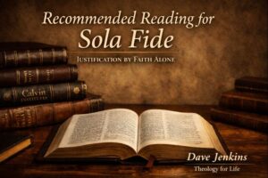 Recommended Reading for Sola Fide theology article featuring classic Reformation books and an open Bible, highlighting justification by faith alone.
