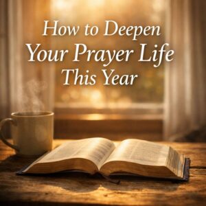 Open Bible on a wooden table with warm morning light and a steaming mug, featuring the title “How to Deepen Your Prayer Life This Year,” symbolizing stillness, Scripture, and prayer.