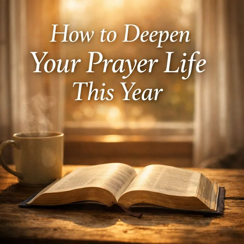 Open Bible on a wooden table with warm morning light and a steaming mug, featuring the title “How to Deepen Your Prayer Life This Year,” symbolizing stillness, Scripture, and prayer.