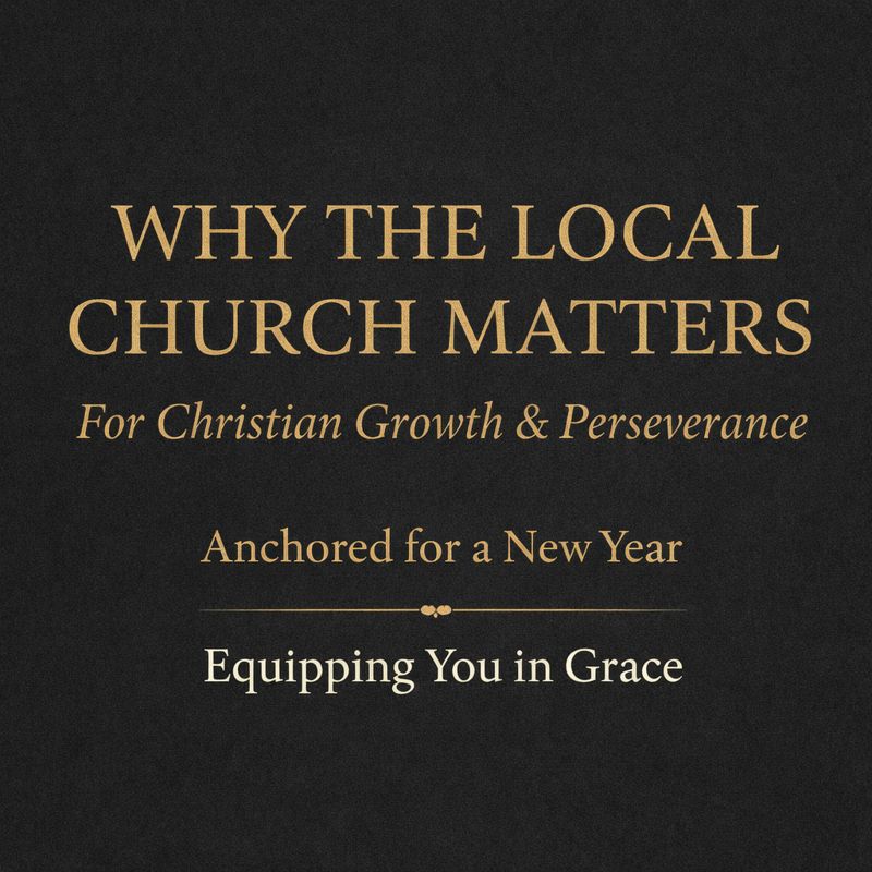 Charcoal textured thumbnail with gold serif text reading “Why the Local Church Matters,” subtitle “For Christian Growth & Perseverance,” series line “Anchored for a New Year,” and branding “Equipping You in Grace.”