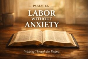 Walking Through the Psalms episode thumbnail featuring an open Bible on a wooden table with warm light and the title ‘Psalm 127: Labor Without Anxiety.