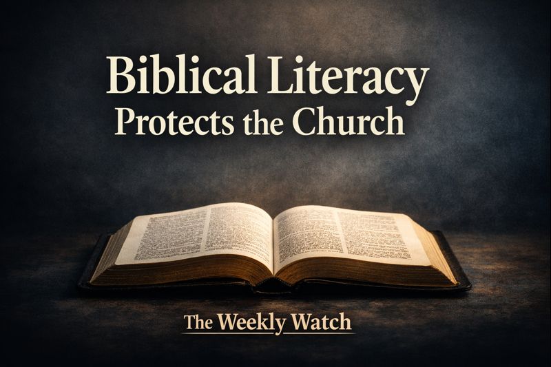 Thumbnail showing an open Bible with the text “Biblical Literacy Protects the Church” and “The Weekly Watch,” set against a dark background.