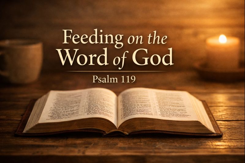 Open Bible resting on a wooden table with warm candlelight, featuring the text “Feeding on the Word of God – Psalm 119,” symbolizing Scripture meditation and spiritual nourishment.