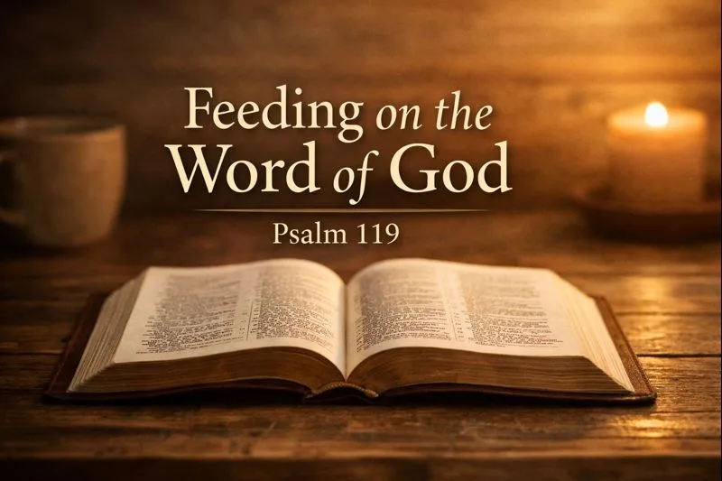 Open Bible resting on a wooden table with warm candlelight, featuring the text “Feeding on the Word of God – Psalm 119,” symbolizing Scripture meditation and spiritual nourishment.
