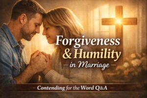 Christian couple holding hands and praying beneath a glowing cross, symbolizing forgiveness and humility in marriage through the grace of Christ.