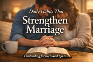 Daily habits that strengthen a Christian marriage, shown through a couple praying together over an open Bible in a warm home setting