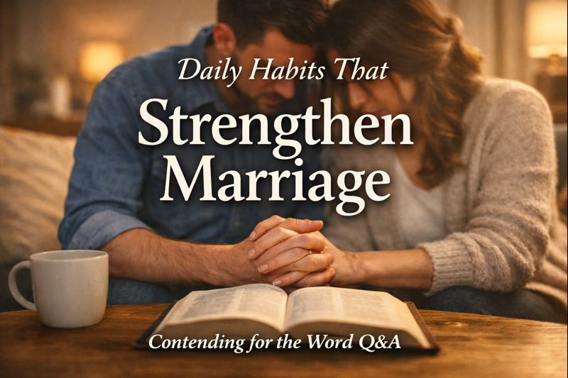 Daily habits that strengthen a Christian marriage, shown through a couple praying together over an open Bible in a warm home setting